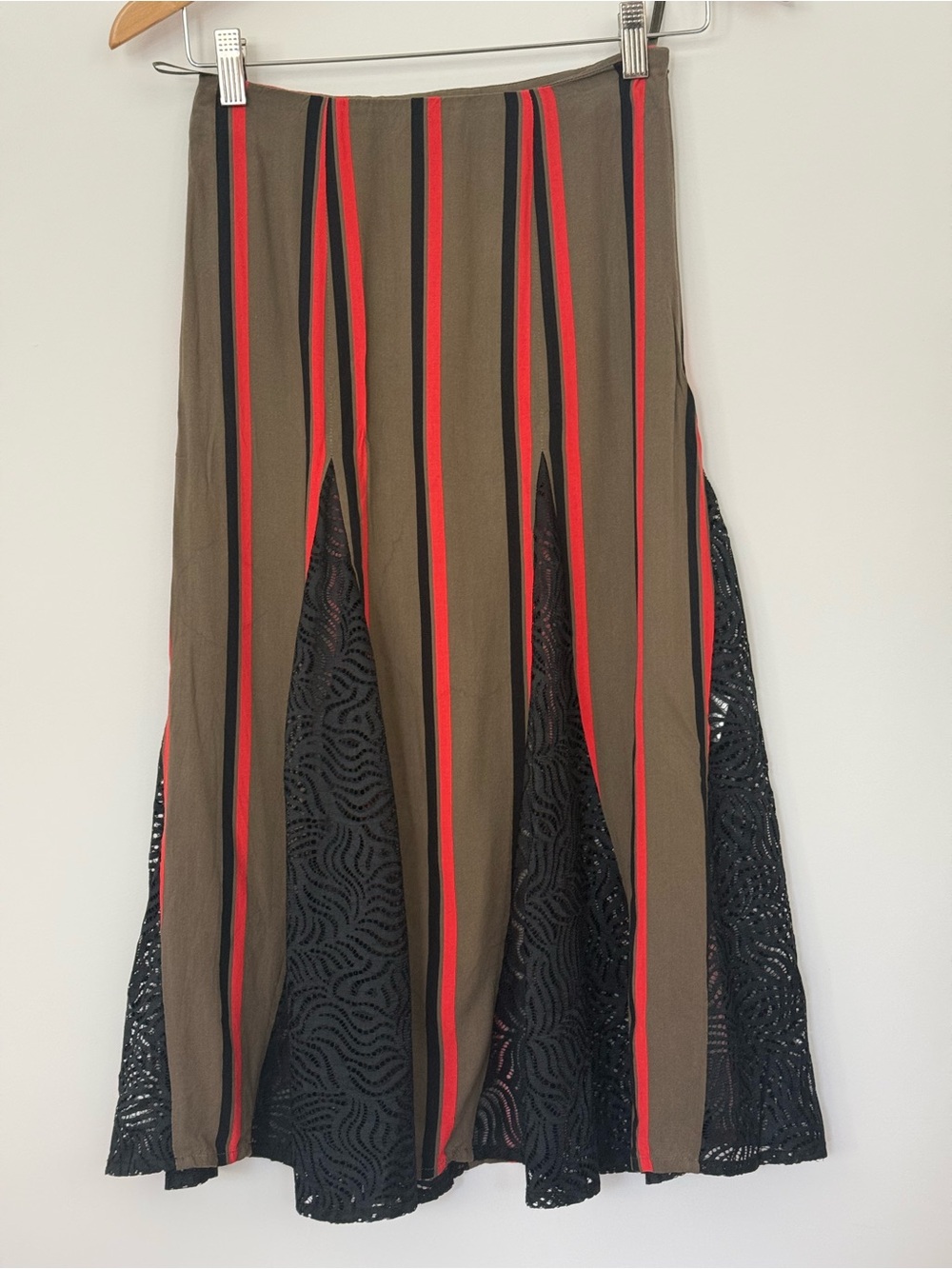 beaufille Olive and Black Striped Midi Skirt with Lace Accents